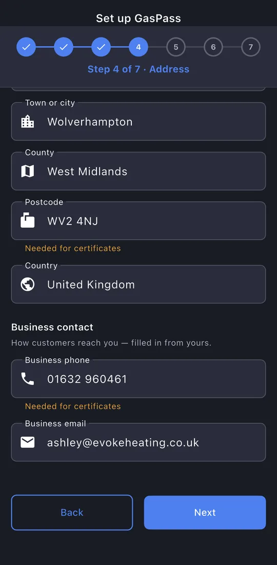 Setup step 4, Address