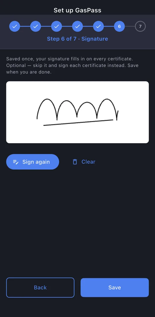 Setup step 6, Signature, signed