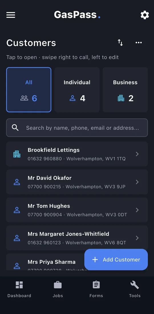 The Customers list