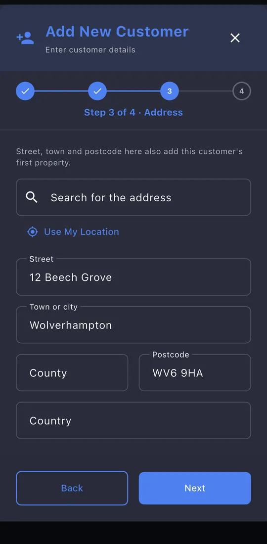 Add customer, step 3, Address
