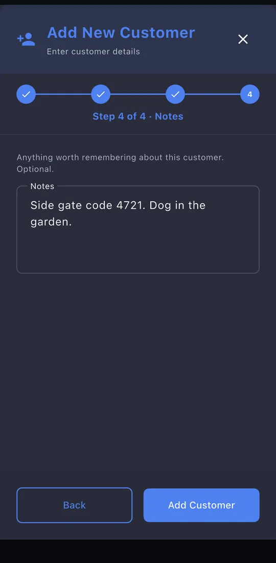 Add customer, step 4, Notes