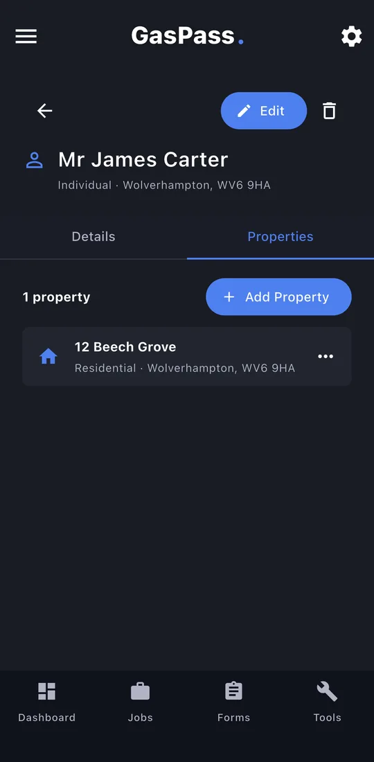 The customer's Properties tab