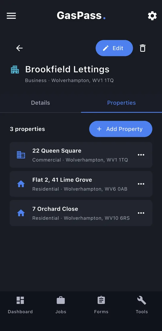 A customer's properties