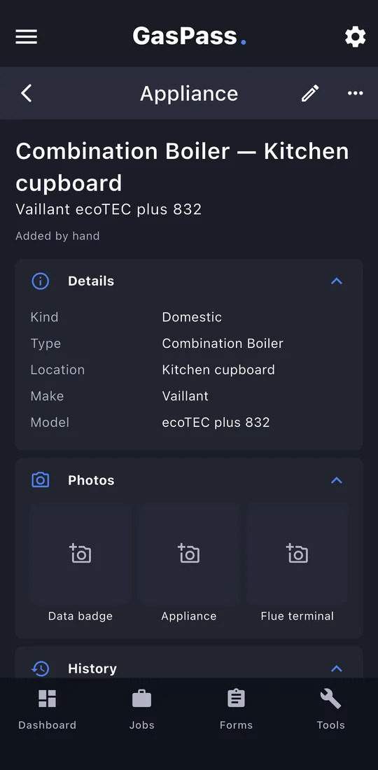 The appliance page