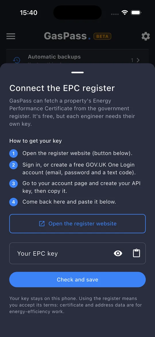 Connecting the EPC register in GasPass